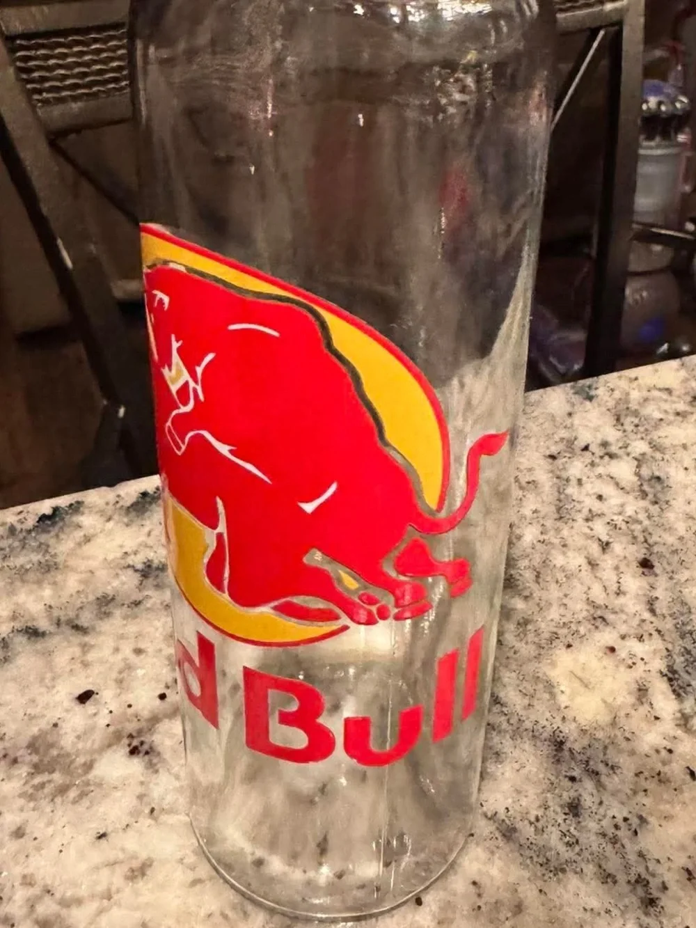 BAD BULL Red Bull Hand Crafted Red and Yellow Glass Drink Bottle with Metal Lid